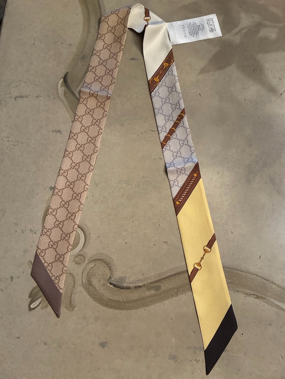 Gucci Beige and Yellow Silk Skinny Scarf with Box, COA